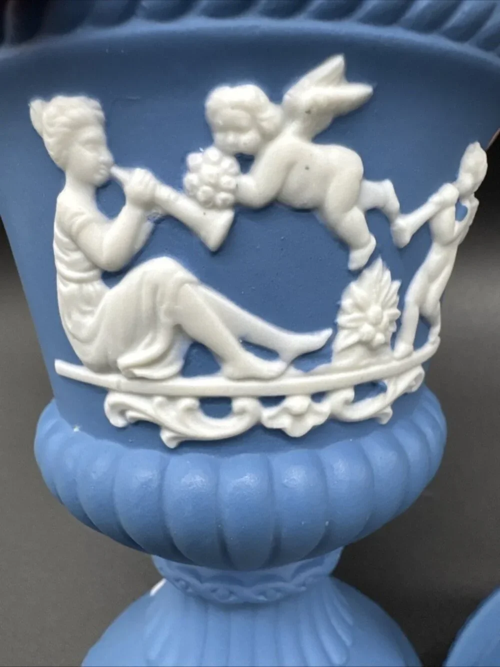 Vintage Blue Jasperware Style Ornate Cherub Floral Urn Apothecary 8”